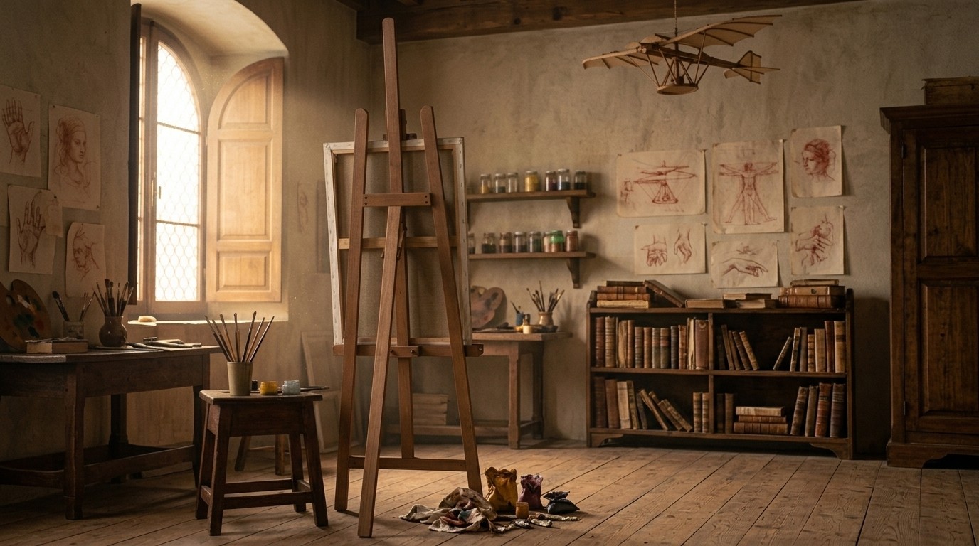 Leonardo's empty workshop: an easel with a blank canvas, a flying-machine model hanging from the beams, a bookshelf, and an arched window